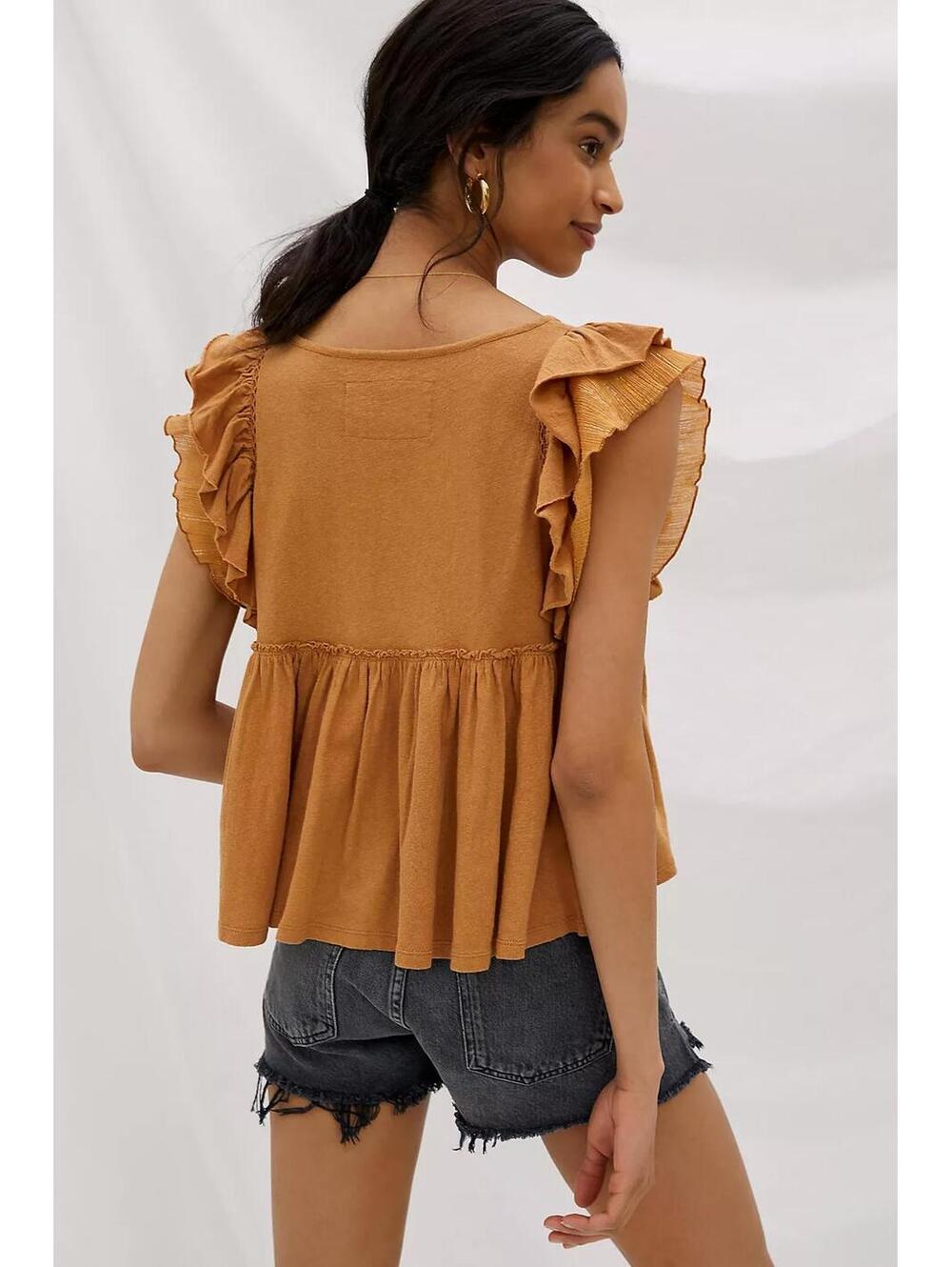 Anthropologie Rust Caroline Boho Flutter Sleeve Babydoll Blouse Top Size XS - Picture 3 of 9